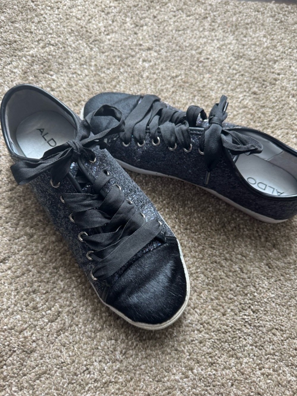 ALDO Black Glitter & Faux Fur Low-Top Sneakers - Women's